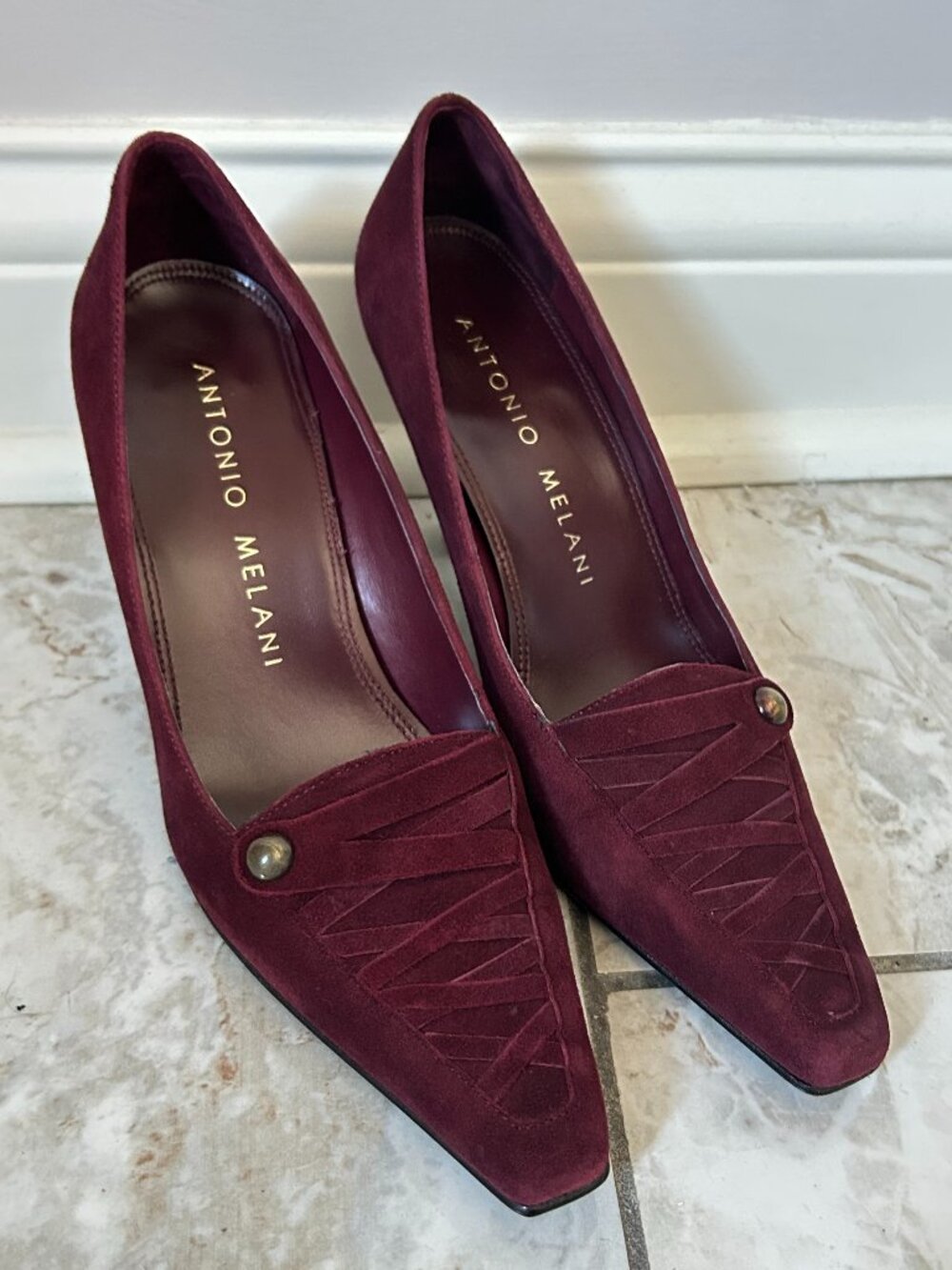 Antonio Melani Corset Heels Womens 6M Burgundy Suede Pointed Toe Pumps 2.5” Heel